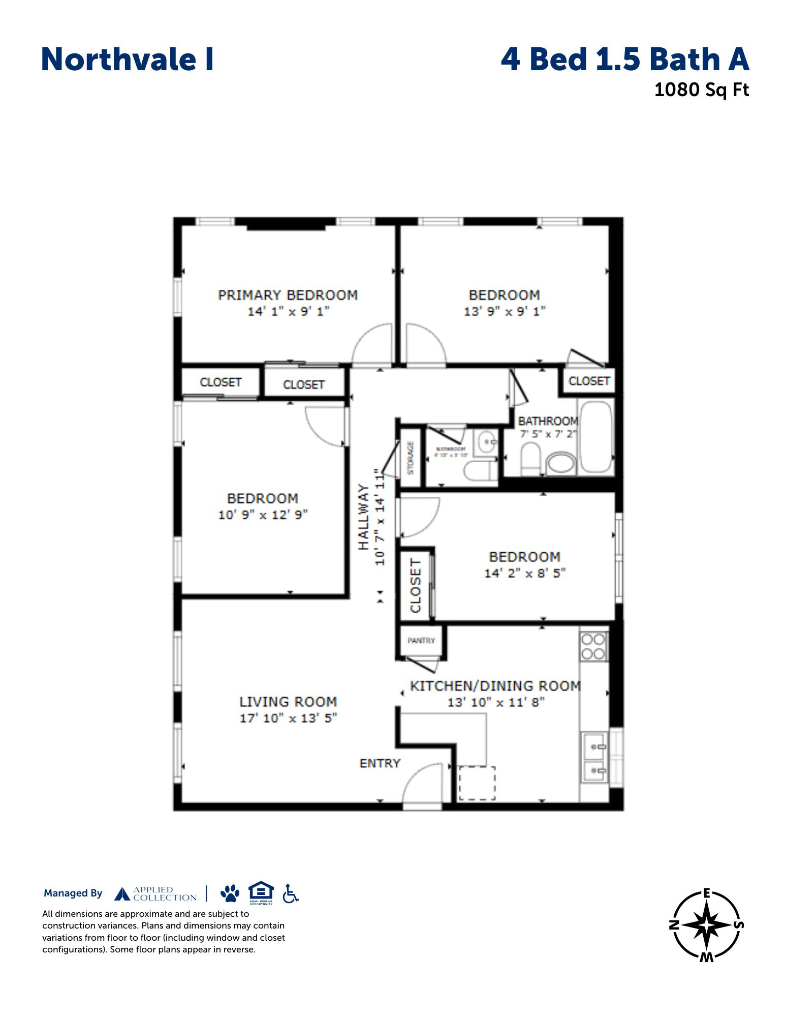 Floor plan for 4 beds, 1.5 baths, 1080 sqft